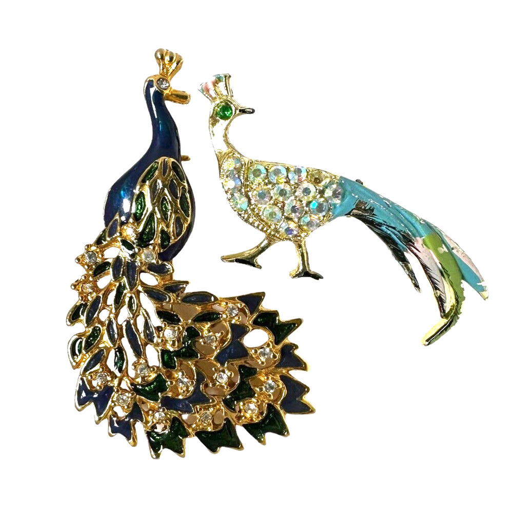 Two Enamel Guilloche Rhinestone Peacock Brooches Gold Green Blue Power Strength
